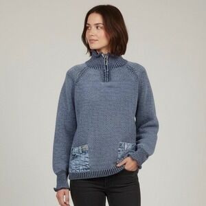 Northstyle Denim Pocket Knit Sweater Womens XL Mock Neck Zipper Blue Wash Casual